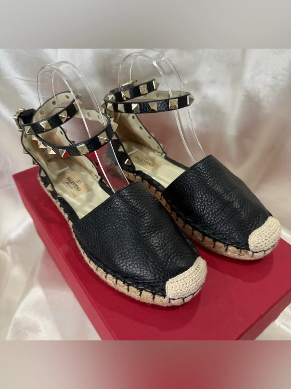 Valentino Garavani Rockstud Espadrille Sandals Leather Wrap Black Size 35 US 5